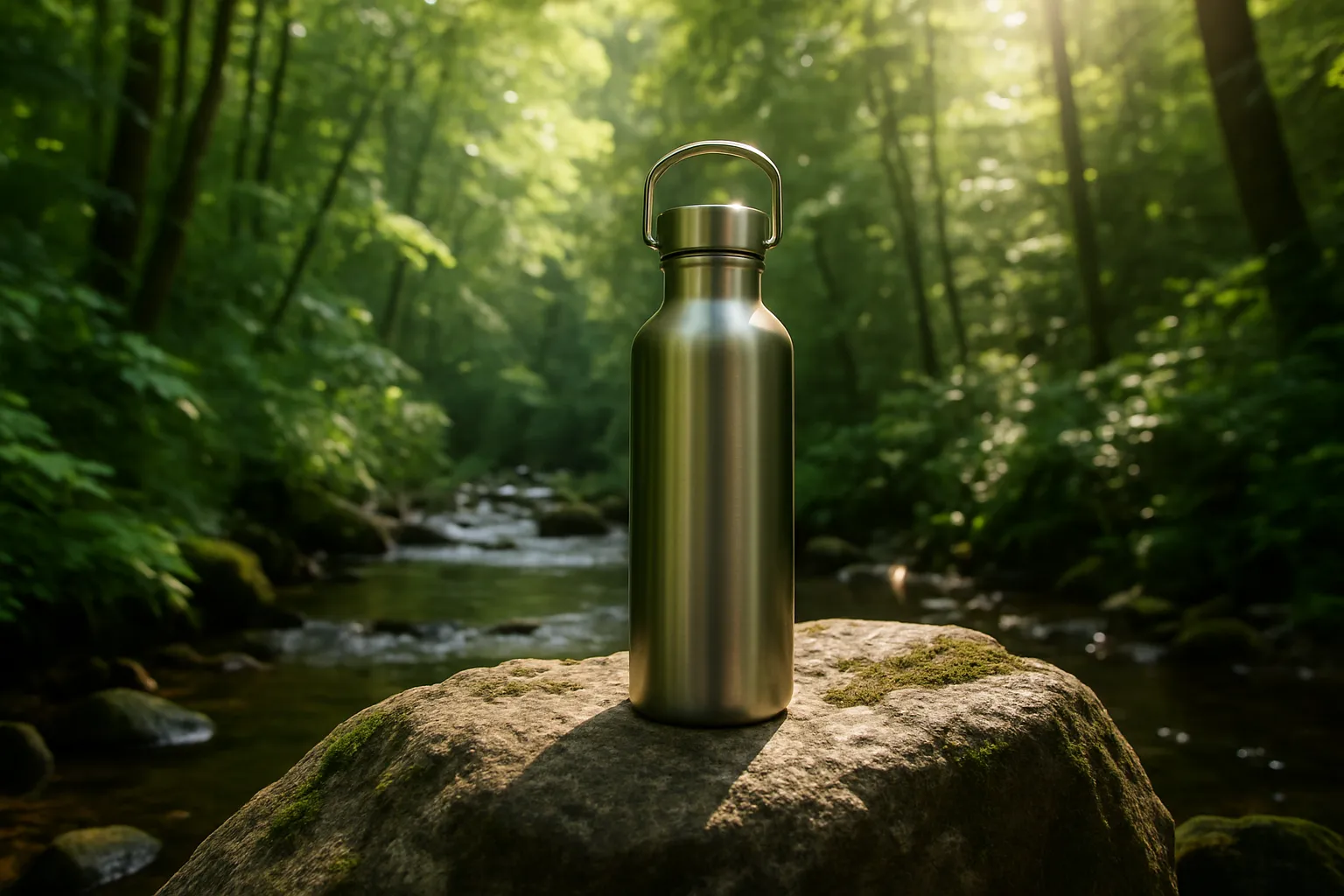 Une gourde en métal dans un environnement naturel.